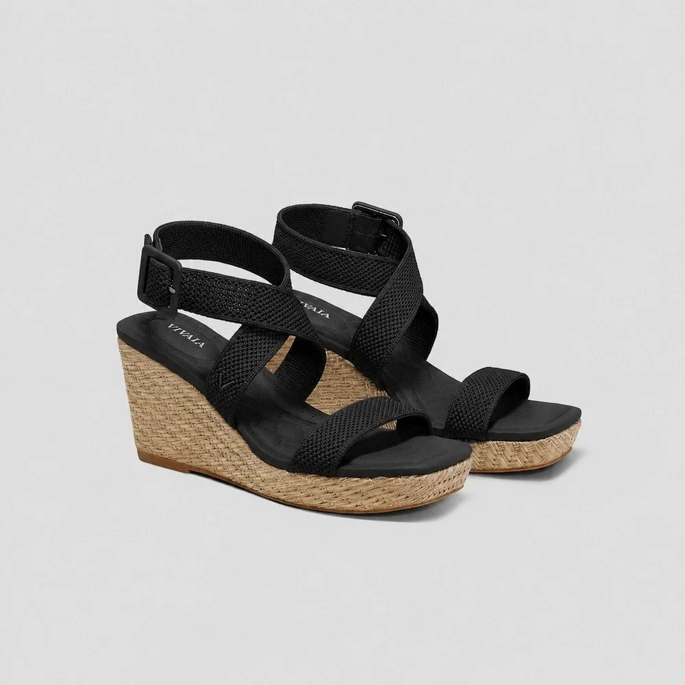 VIVAIA Lyla Black Knit Espadrille Wedge Sandals Square Toe Women Size EU 40 US 9
